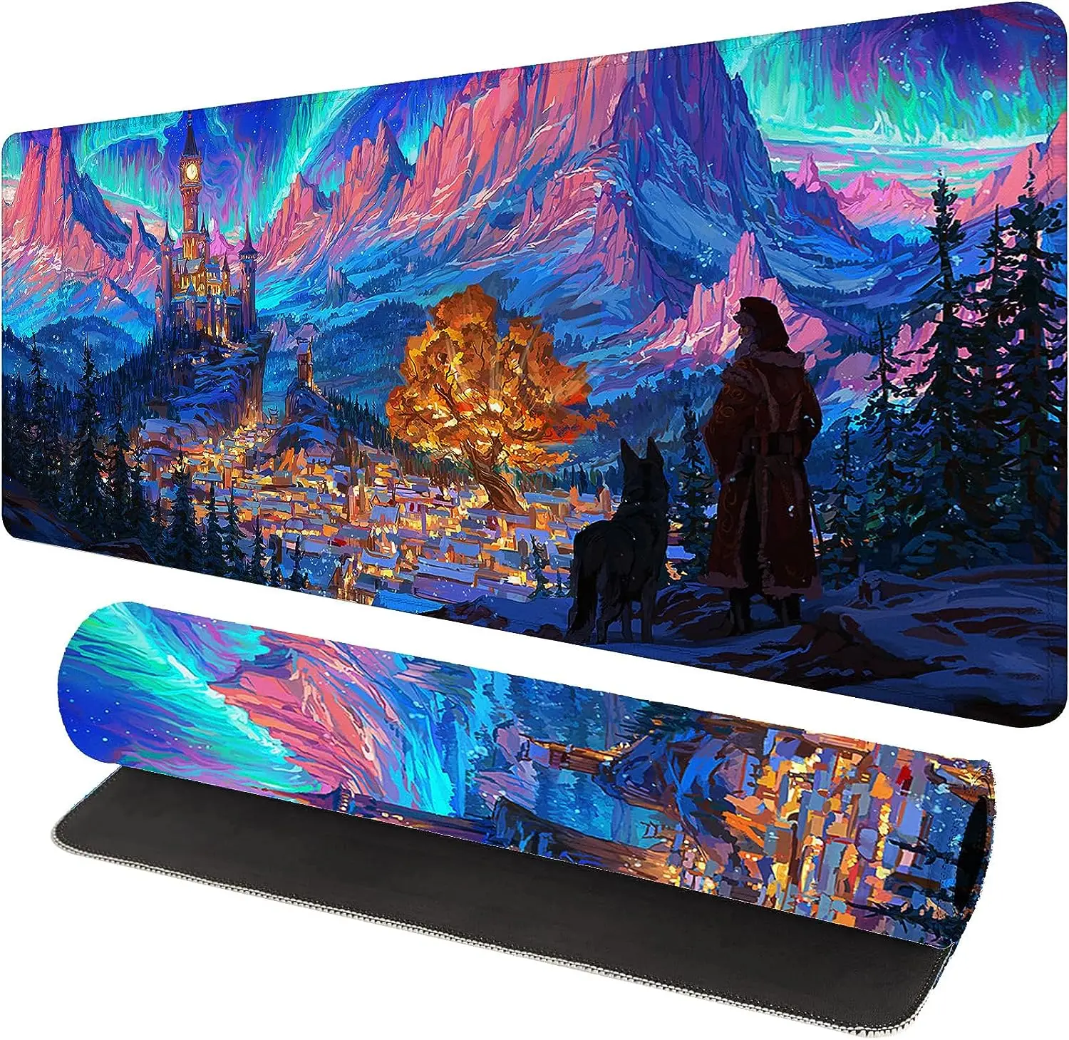 

Fantasy Town Mountain Scenery Gaming Mouse Pad with Stitched Edges Non-Slip Rubber Mousepad for Laptop PC Office Work 90x40 cm