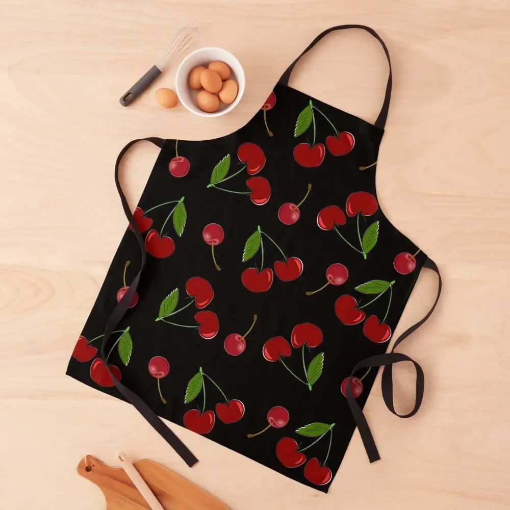 

Delicious Cherries Pattern on Black Background Apron Chef jacket men For Nail Stylist Kitchens Accessories Apron