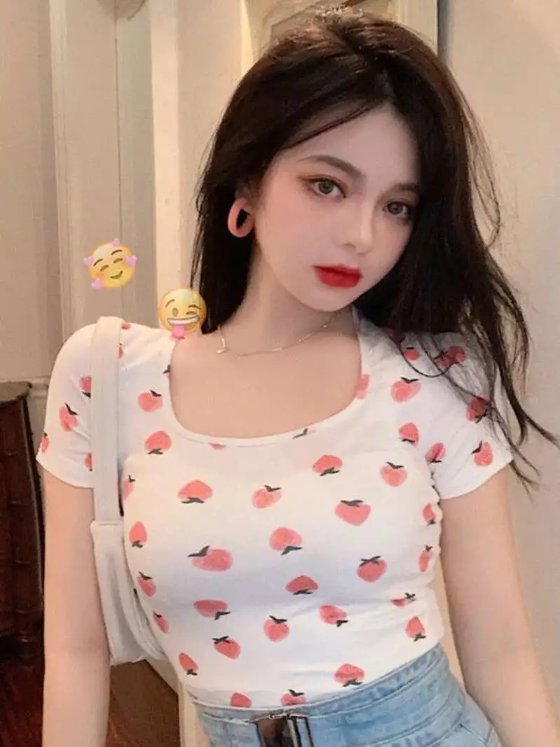 WOMENGAGA スイートクールホットガールセクシースクエアネックショートTシャツ レディース サマー スリムボトムシャツ トップ ガールズ 学生 ファッション スイート LB73