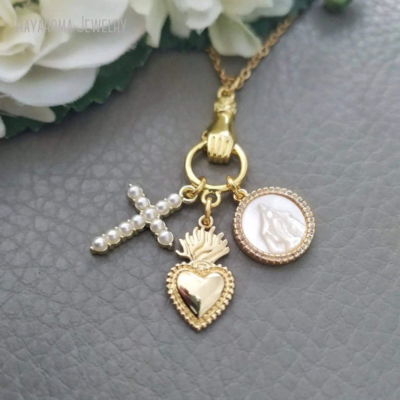 10Pcs Sacred Heart Necklace  Gold Ex Voto Pendant Pearl Cross Madonna Charms Catholic Virgin Mary Jewelry Gift