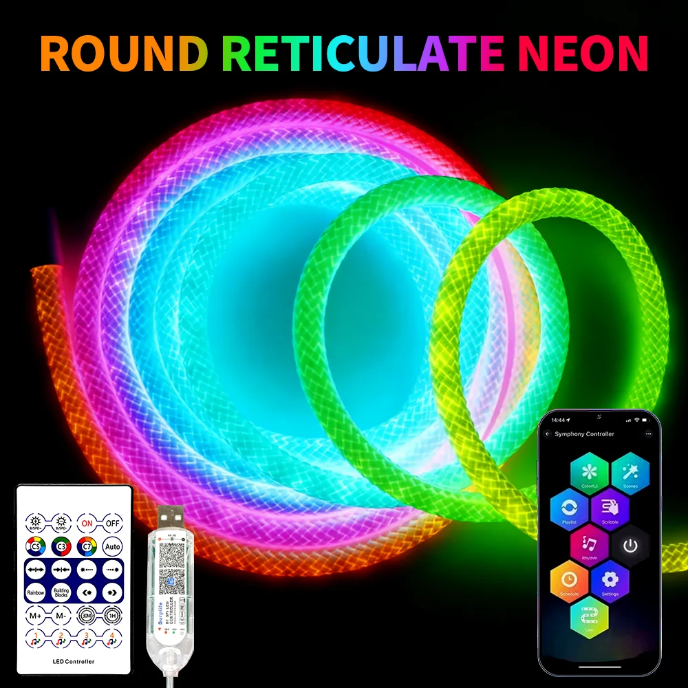 DC5V 360 Degree Smart RGB WS2812B WS2811 Round Reticulate Pattern Neon LED Strip Flexible Silicon Light Tape IP67 And 28Key Kit