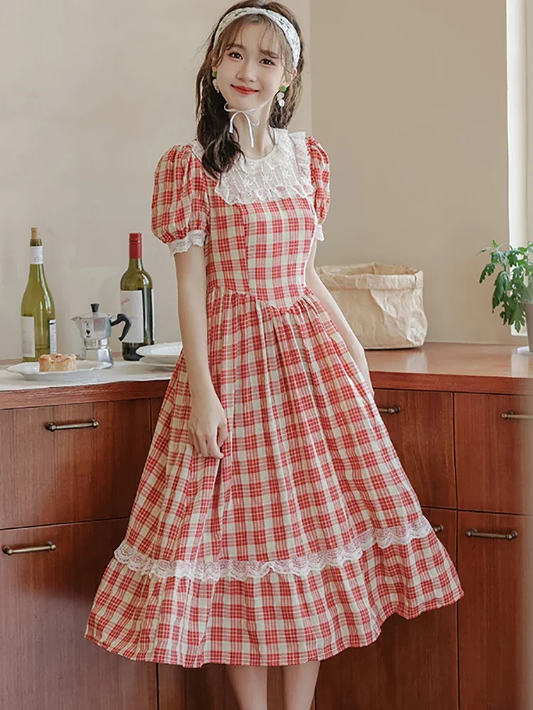 2025 Korean Fashion Casual Holiday Dresses Summer Red Plaid Puff Sleeve Chic Lace Casual Dress Women Elegant Bodycon Prom Dress