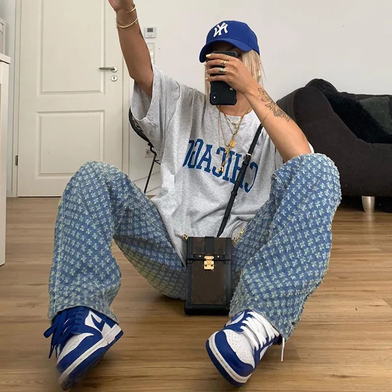 Y2k Women Vintage Denim Pants 2023 High-Waist Trousers Ripped Party Loose Straight Jeans Bottoms 90s Streetwear Hollow Blue New