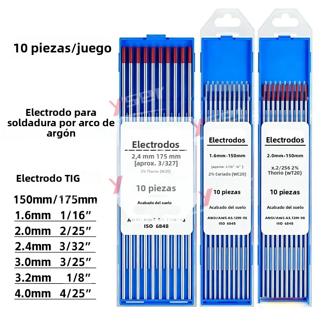 10 unidades de agujas de electrodo TIG de 150 mm y 175 mm, electrodos WL20, WL15, WT20, WC20 para antorcha de soldadura TIG