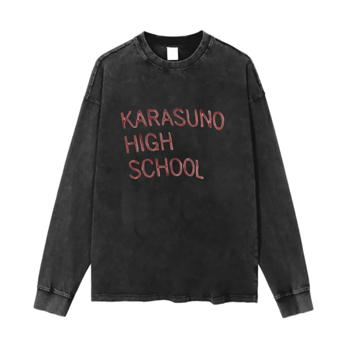 Karasuno High School Art Text Washed Vintage Long Sleeves Cotton Tee Shirt Solid O Collared For Men's And Women's