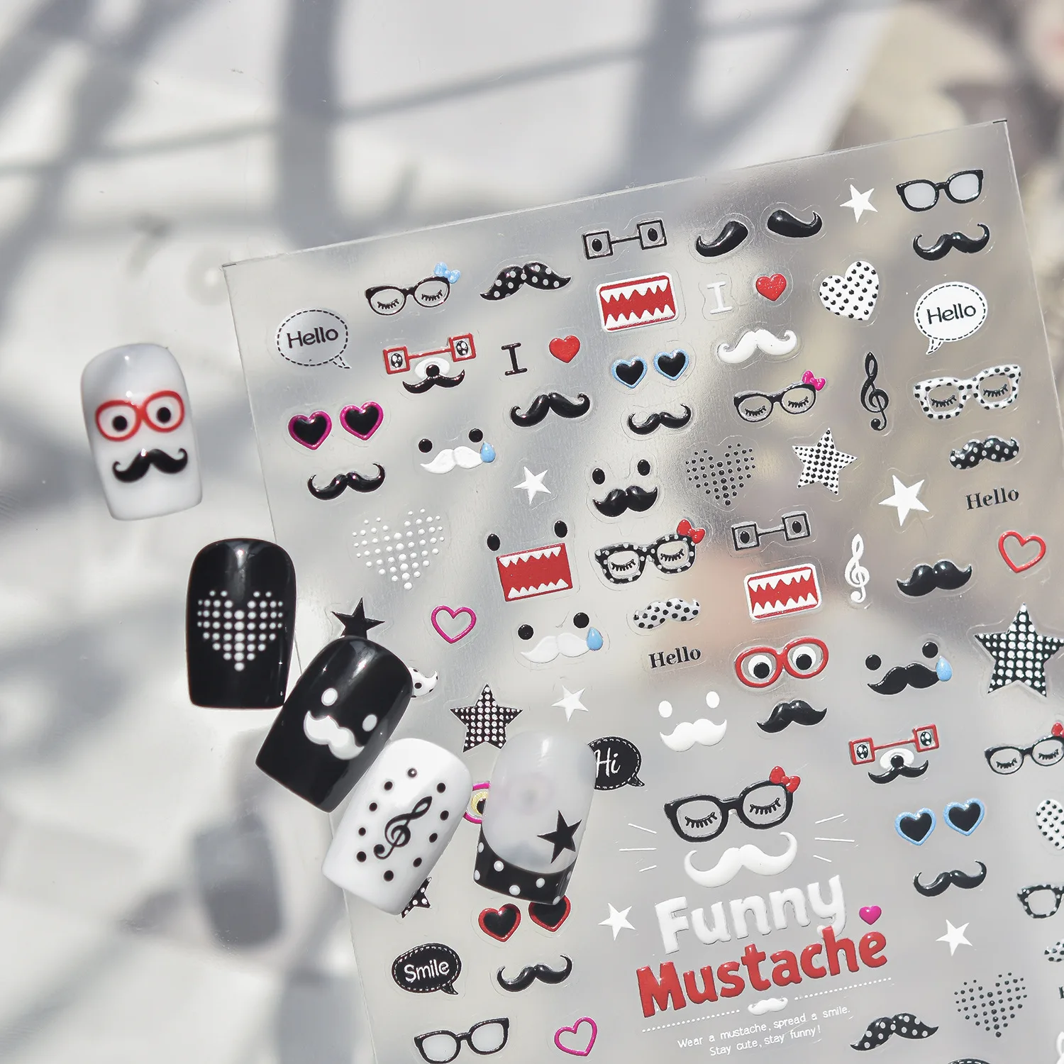 

Funny Expression Moustache Beard Glasses Polka Dot Love Heart Music Exaggerated Adhesive Nail Charms Art Sticker Manicure Decals