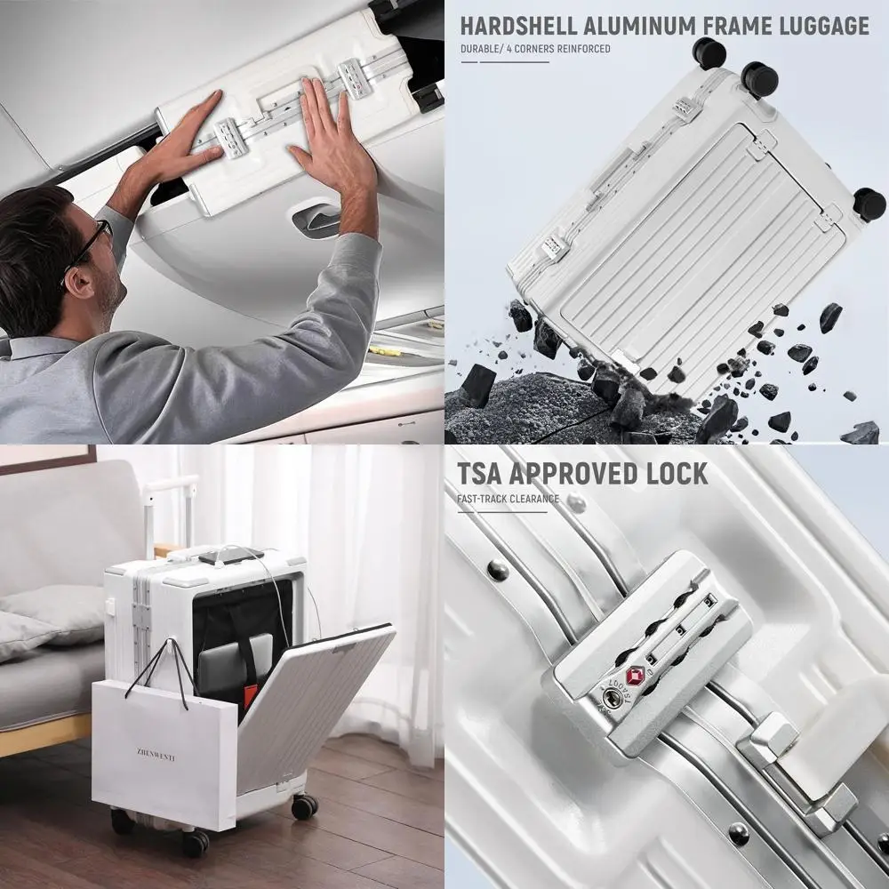 20 TSA-Approved Aluminum Frame Zipperless Carry-On Suitcase with Spinner Wheels for Short Trips, ABS+PC Shell, White