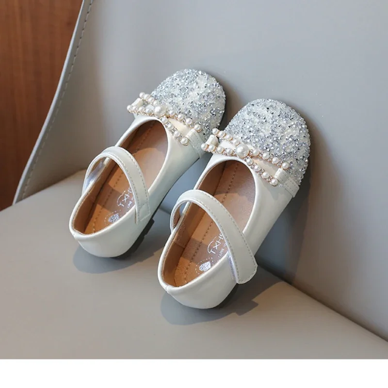 Princess Shoes for Girls 2024 Spring Autumn New Girl PU Leather Flats Fashion Crystal Soft Sole Shining Diamond Casual Loafer