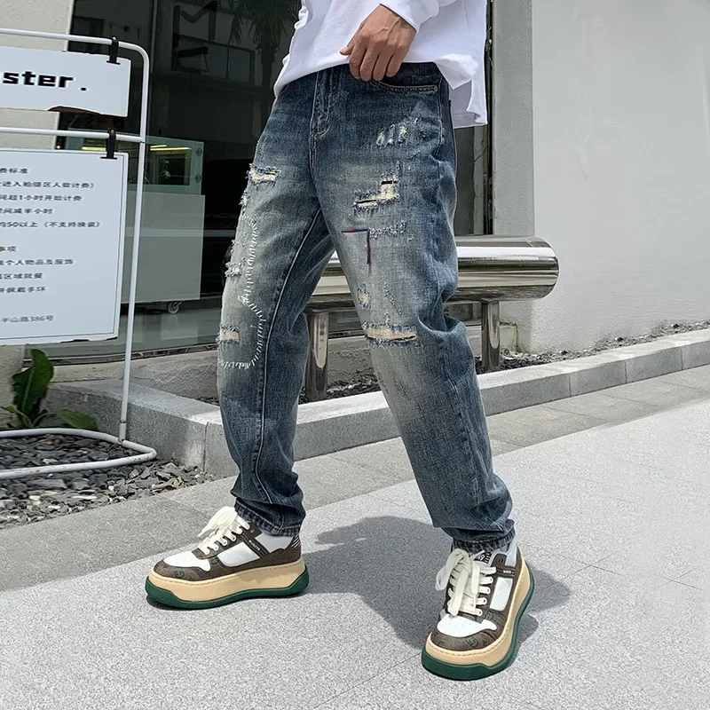 

American New Fashion Men's Vintage Retro Blue Casual Trendy Hole Patched Straight Loose Denim Trousers Male Clothes Streetwear