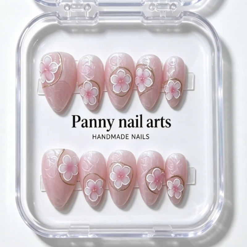 

10pcs Short Almond Handmade Press on Nails with Pink 3D Floral Gold Foil Decor Reusable Acrylic False Nails for Spring Looks