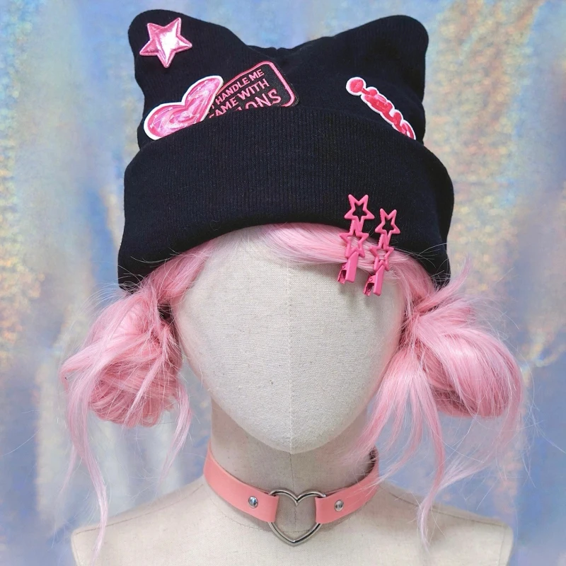 

Japanese Sweet Handmade Love Black Pink Wool Cat Ear Hat Soft Sister Sweet Cool Y2K Subculture Autumn Winter Thermal Hat Women