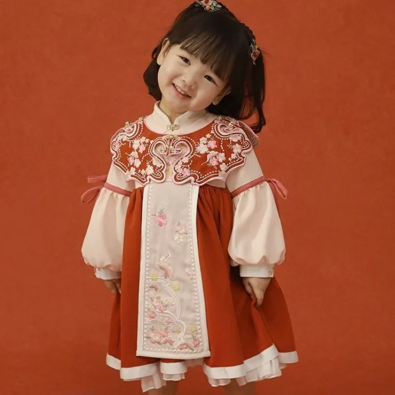 2024 NEW Retro Hanfu For Girls Kids Chinese Cheongsam Embroidery Princess Dress Traditional New Year Outfit Ming Dynasty