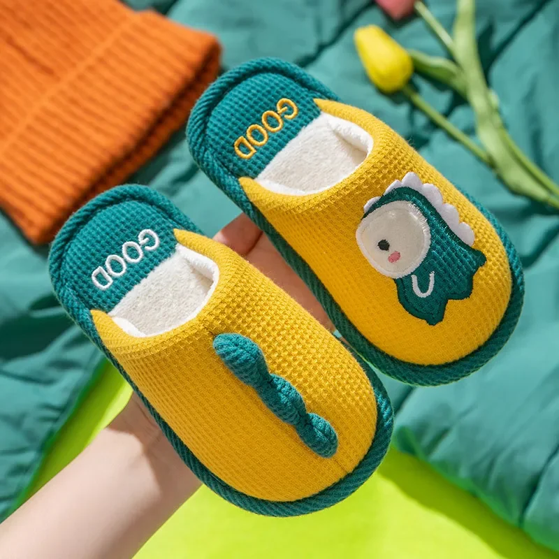 2024 winter children's cotton slippers female models home cartoon dinosaur cotton slippers parent-child home warm slippers