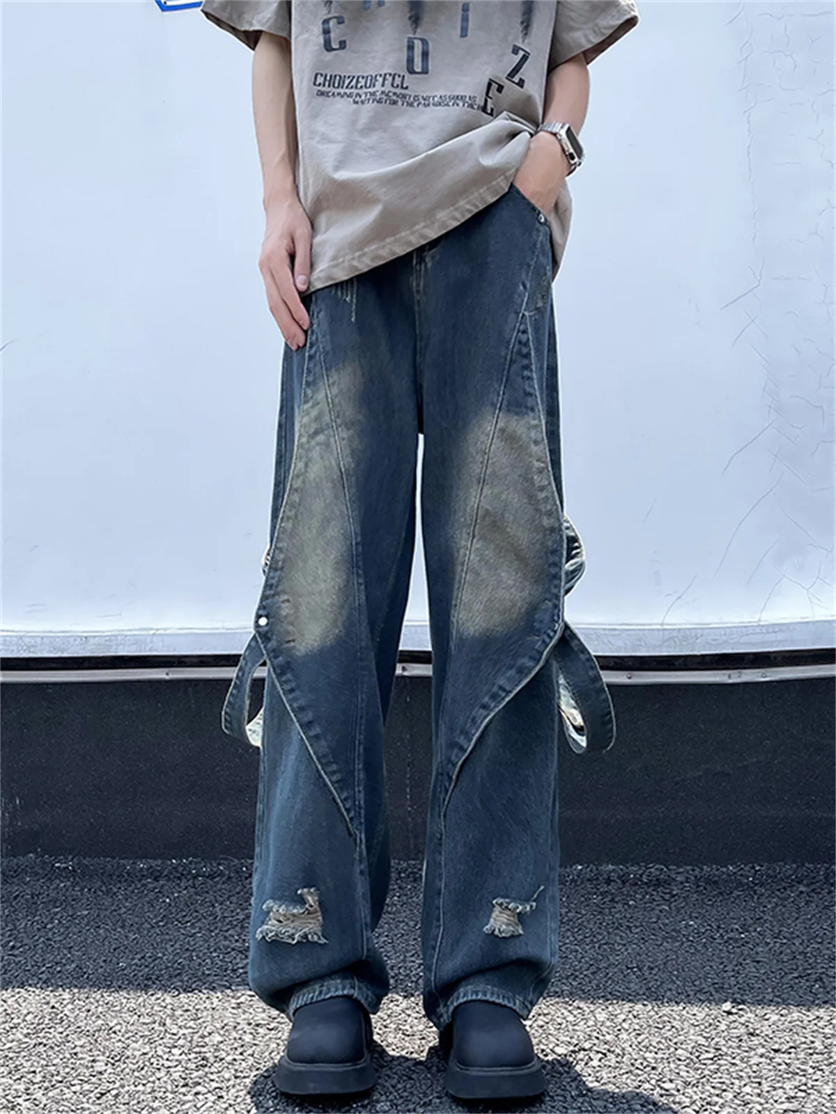 

American Decosition Splicing Design Men's Loose Street Hip Hop Jeans Wide Leg Workwear Pants adual Wa Casual Trousers