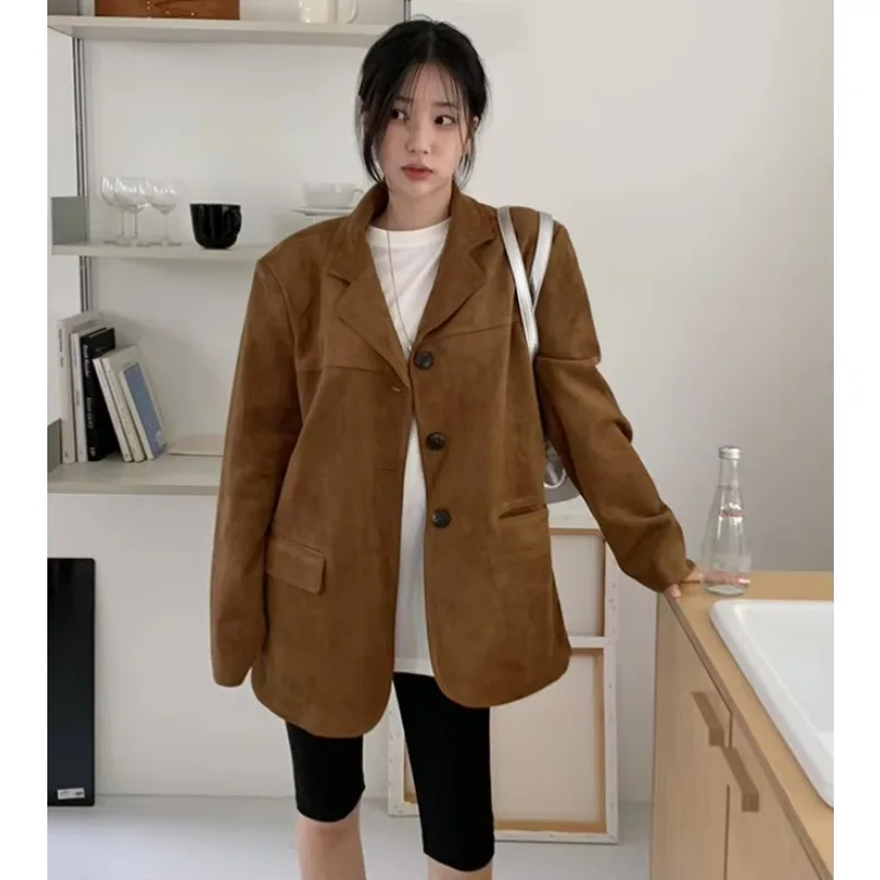 Korean Autumn Winter New American Vintage Coffee-colored Suede Blazer Women Long-sleeve Suit Jacket Female Coats Women Clothing