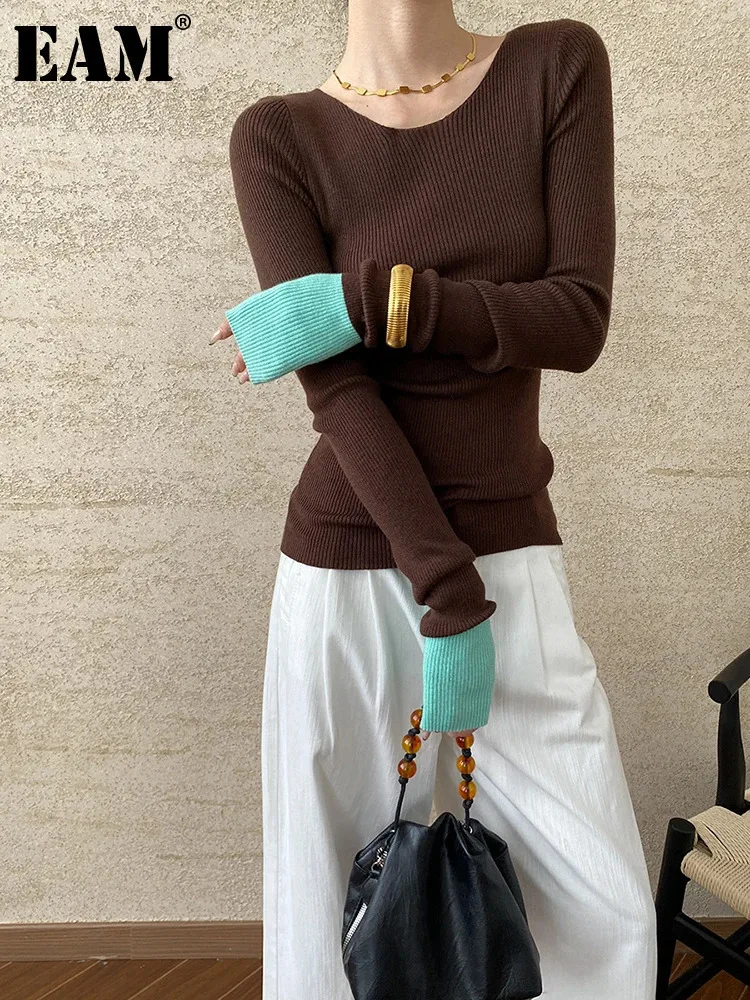 [EAM] Coffee Color-block Slim Knitting Sweater Round Neck Long Sleeve Women Pullovers New Fashion Spring Autumn 2024 1DH7372