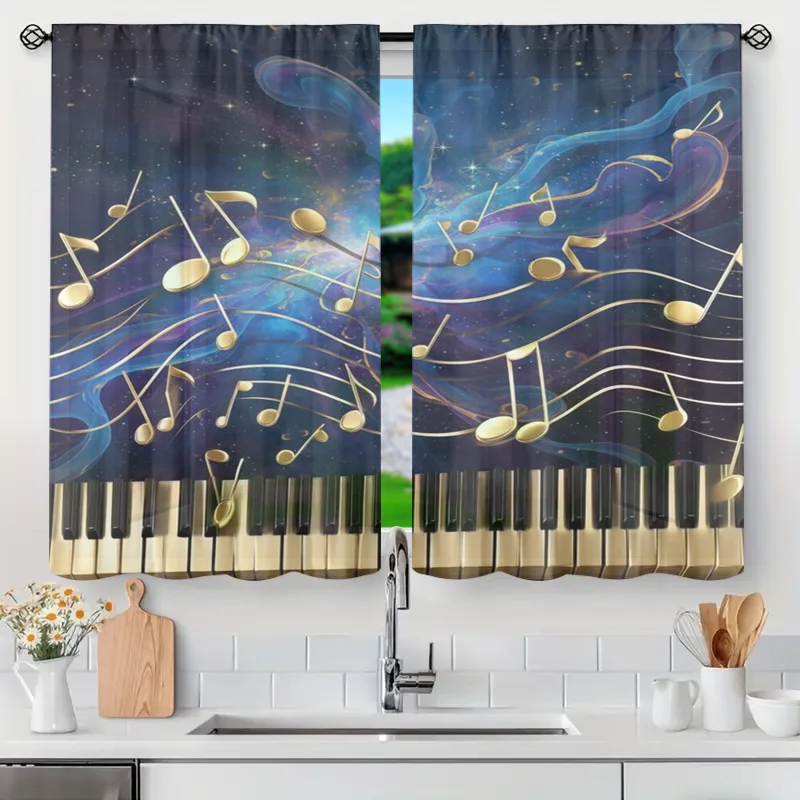 Blue Galaxy Music Notes Curtain Window Drapes Piano Keyboard Celestial Art Window Treatment Curtains Filtered Light Home Decor G