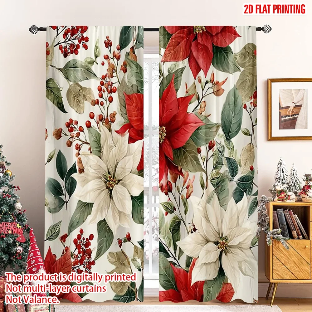 2 قطعة 2D الطباعة المسطحة عيد الميلاد الساخن ستائر الحفلات عيد ميلاد سعيد الأحمر يترك الرقمية المطبوعة البوليستر الستائر حفلة عيد ميلاد