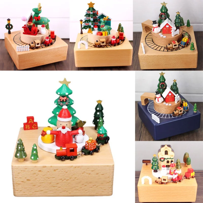 Hand-wound Christmas Music Box Wooden Crafts Creative Christmas Gift Tabletop Decorations