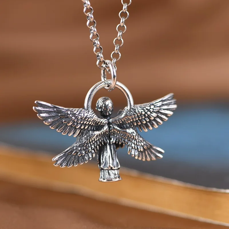 BOCAI 100% S925 Silver Jewelry Accessories Vintage Hip-Hop Trendy Angel Wings Pendant for Men and Women Trendy Birthday Gift