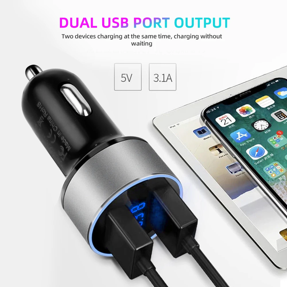 Universal 12V-24V Fast Dual USB Car Charger Adapter LED Display Cigarette Socket Lighter ABS Car Phone Charger