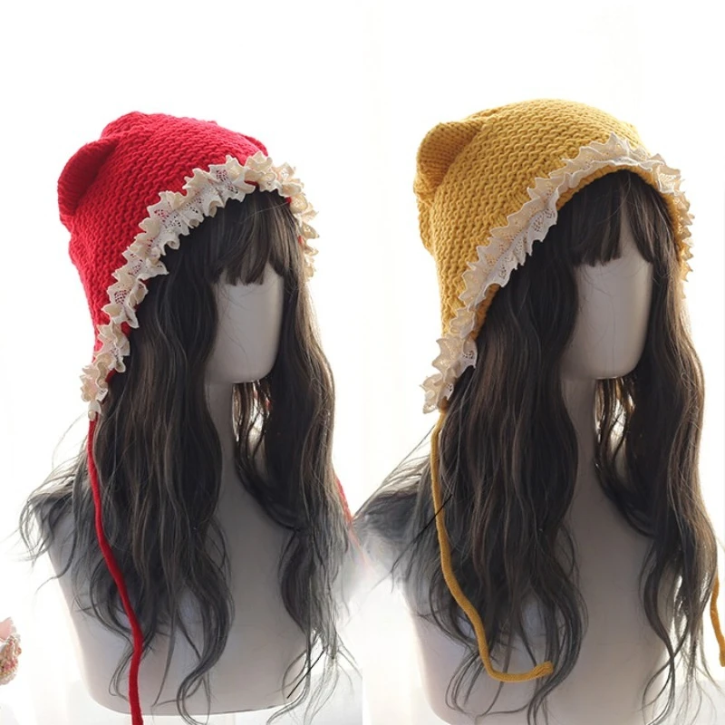 ロリータ ソフトガール 日本製 手作り帽子 ニット帽 レディース 秋冬 フレンチレース 暖かい帽子