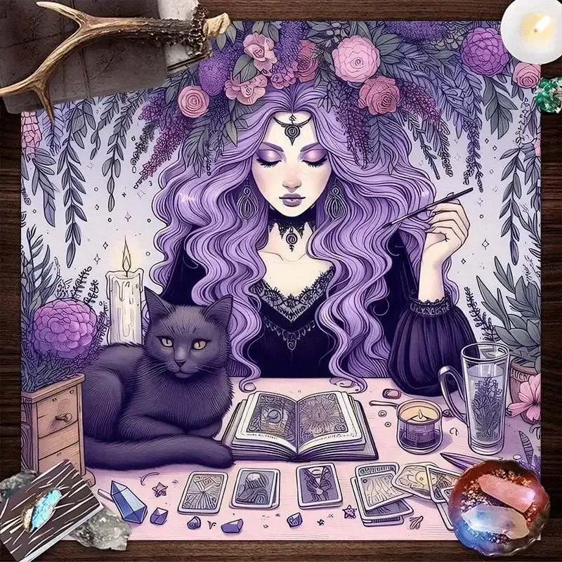 VIKAMA Witch Black Cat Flower Tarot Altar Buvika Witchcraft Spirituality Tarot Reading Ceremony Desktop Divination Pad
