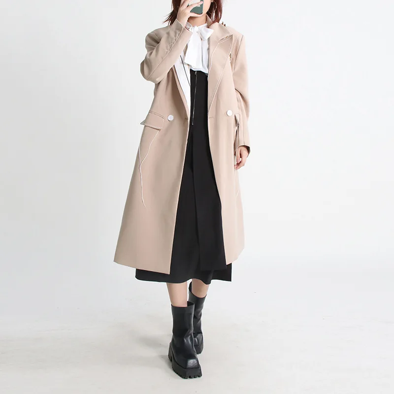 Trench-coat à double boutonnage pour femme, veste mi-longue droite, manches longues, revers, épissé, décontracté