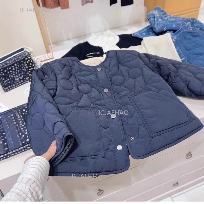 Girls Embroidered Cherry Cotton Padded Coat Children Warm Quilted Jacket Outerwear Autumn Winter Kids Navy Blue Top Clothes