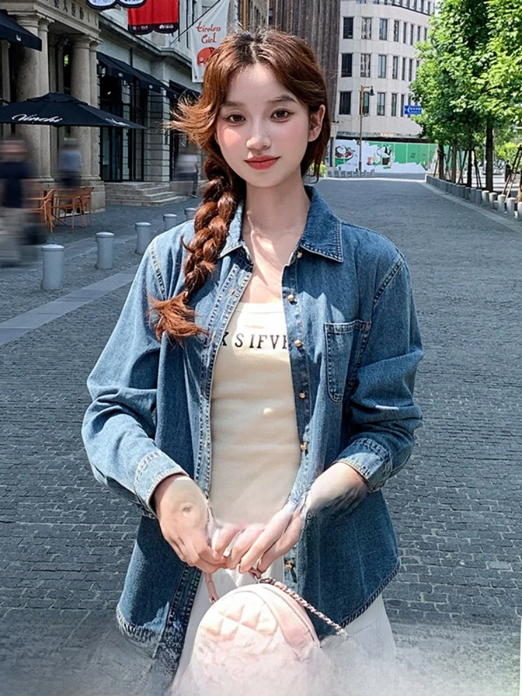 

Корейское пальто в стиле ретро светло-голубого цвета Long Sve Denim irt в стиле пэчворк, прямое пальто на пуговицах Fem Commute Faion