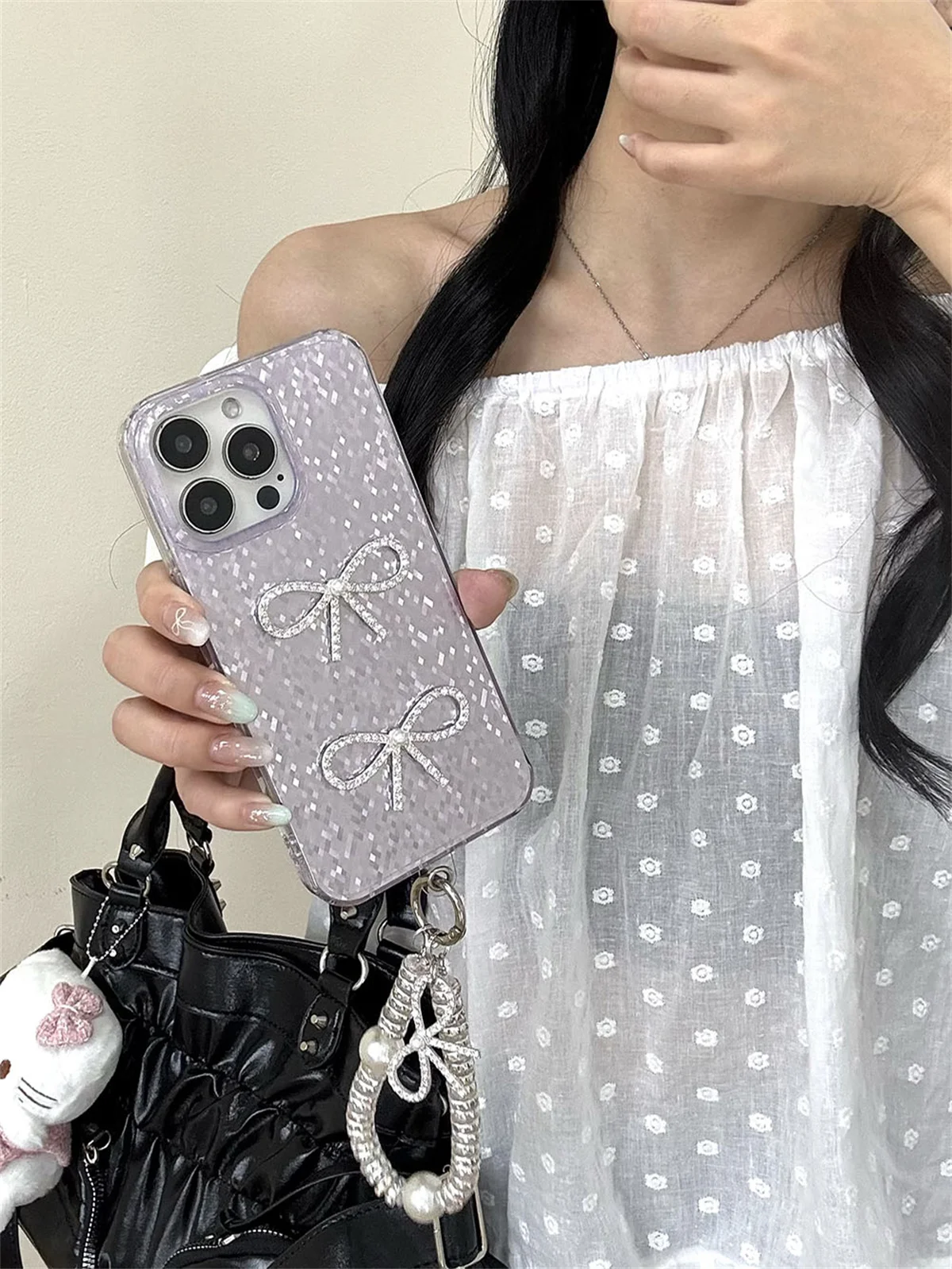 Coreano ins glitter bonito bowknot caso de telefone para iphone 16 pro 15 14 13 pro max capa com alça de corrente casos protetores