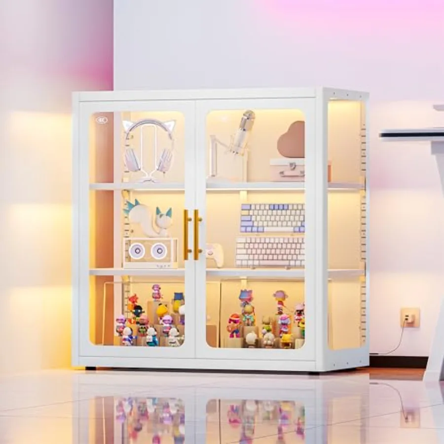 34 Display Cabinet with Glass Doors for Collectibles, White MDF with LED Color Lights, 4-Tier Glass Display Case with Adjustabl