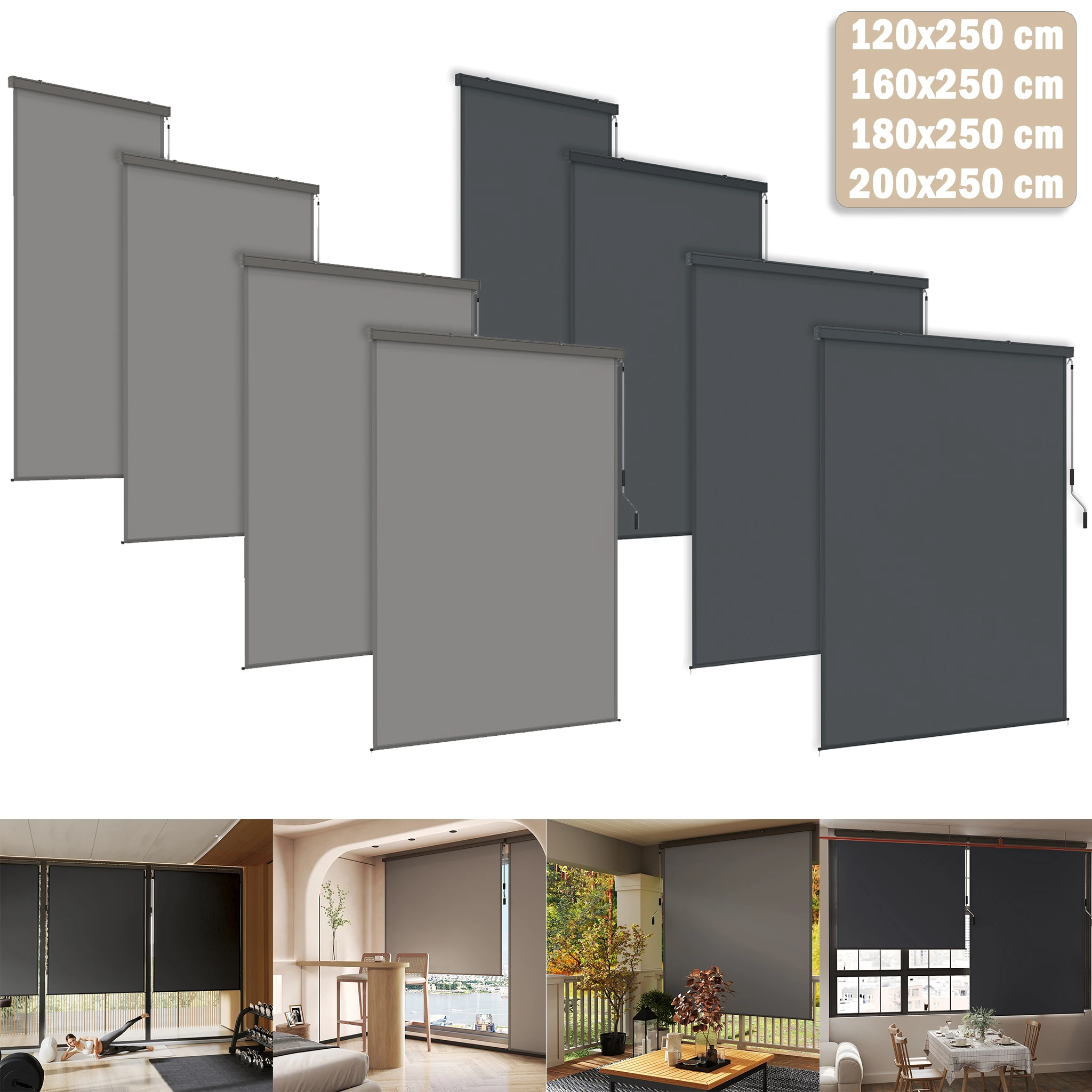 Auvent vertical avec manivelle, 120 / 160 / 180x250cm, écran d'ombrage rétractable imperméable anti-UV pour balcon, cadre en aluminium avec kit de montage, gris anthracite