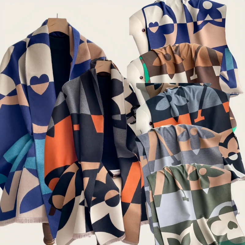 180*65cm 5 color Available Green Elegant Luxury Geometric Color Block Scarf Women Winter Warm Shawl Abstract Print Wrap 
