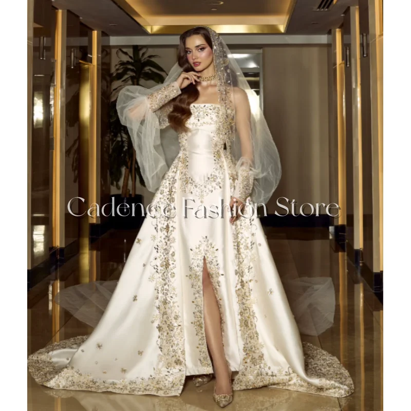 Suknie ślubne w stylu saudyjskim, luksusowe, białe, szyte na miarę, z kryształkami, zdobione koralikami, w stylu Bliskiego Wschodu, linia A, z trenem, na przyjęcie weselne.