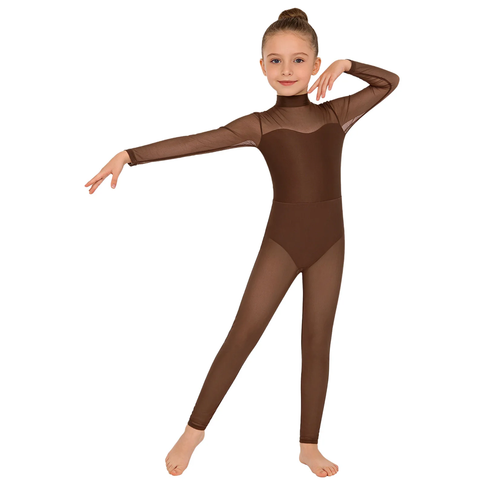 Kids Girls Gymnastics Figure Skating Unitard Mesh Splice Long Sleeve Full Body Jumpsuit Ballet Lyrical Dance Competition Outfit