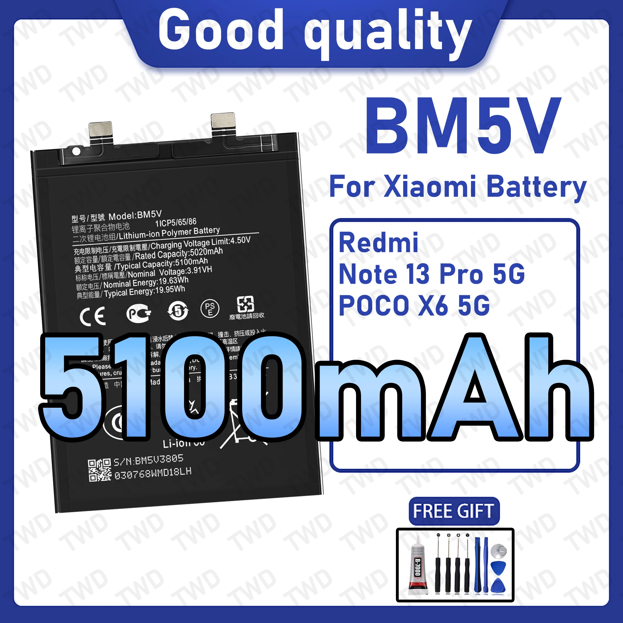 BM5V Large capacity 5100mAh Battery For Xiaomi Redmi 13 Pro 5G/POCO X6 5G Batteries New High Quanlity+Free Tools