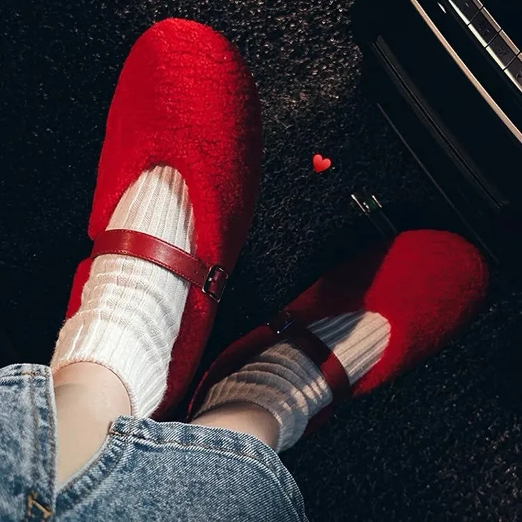 2026 Spring and Autumn Luxury Wool Women's Mary Jane Sheepskin Integrated Red Ballet Flat Single Shoes