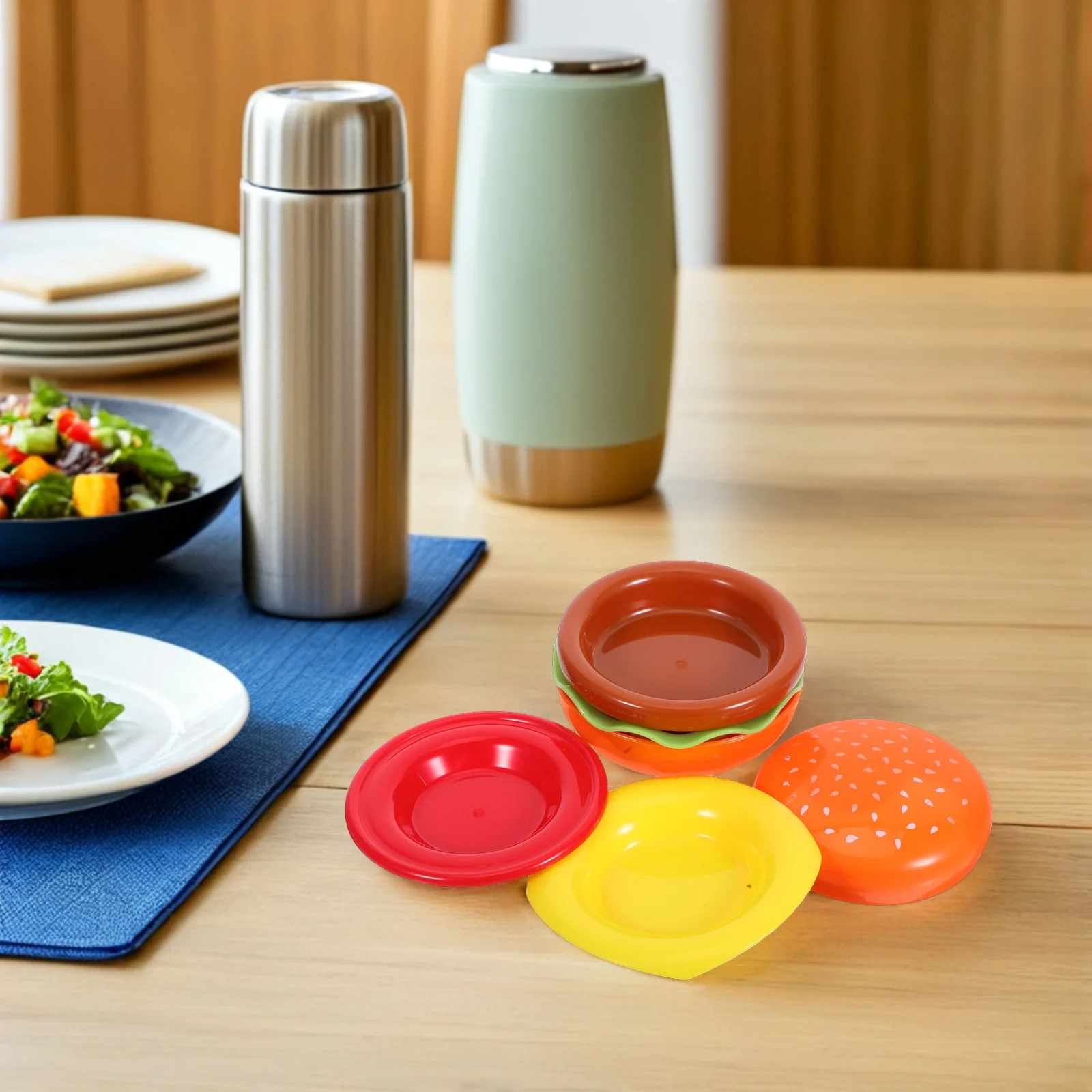 

1 Set Hamburger Shaped Plate Set Mini Soy Sauce Dishes For Dipping Sauces Appetizers Snacks Reusable Plastic Stackable Small