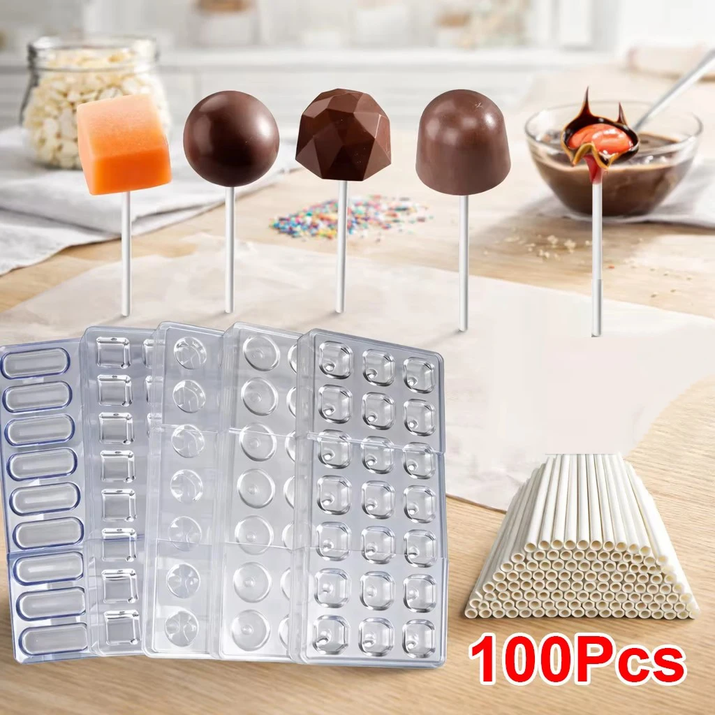 Polycarbonate Chocolate Mold, Candy Making Mould with 100 Lollipop Sticks, Beginner Friendly DIY Confectionery Baking Tool