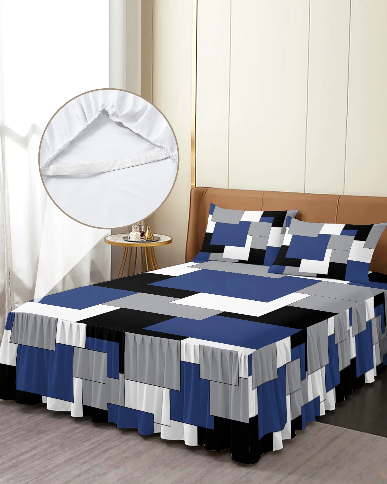 Navy Blue Black Grey Patchwork Abstract Art Bed Skirt Fitted Bedspread With Pillowcases Mattress Cover Bedding Set Bed Sheet