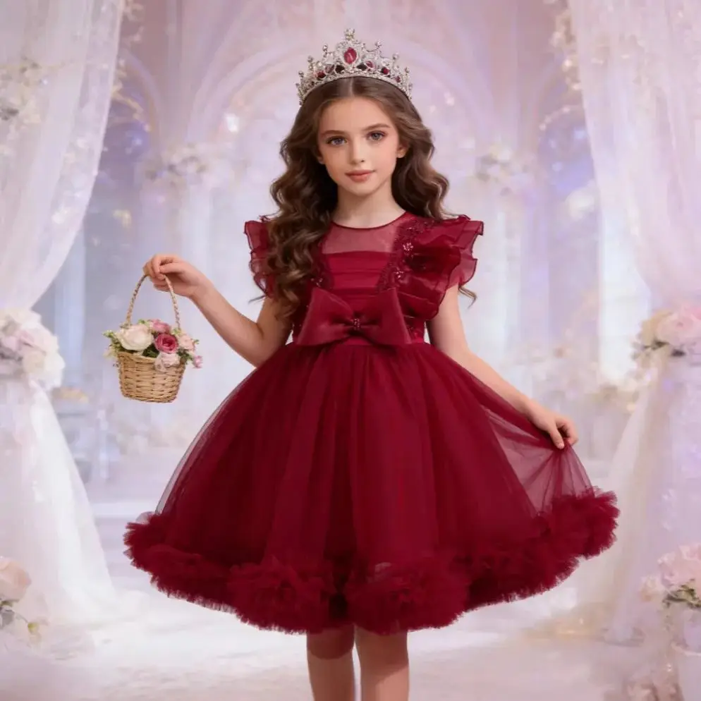 

Элегантное детское платье для девочек с рукавами-крылышками, бантом и рюшами из сетки, для дня рождения, праздничных мероприятий и торжественных вечеров.