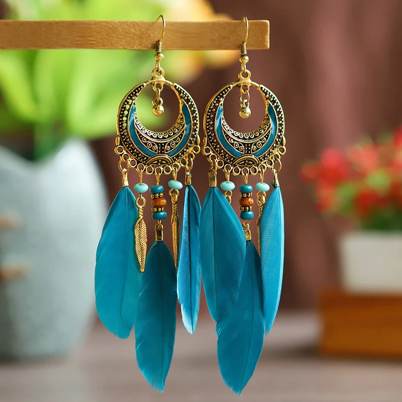 

Bohemian Long Feather Leaf Dangle Earrings For Women Beach Beaded Handmade Geometric Enamel Drop Wedding Earrings Pendientes