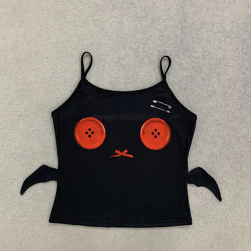 Dark Sweet Cool Style Three-Dimensional Small Wing Suspender Clip Button Print Design Waist Cinching Spicy Girl Top Femal