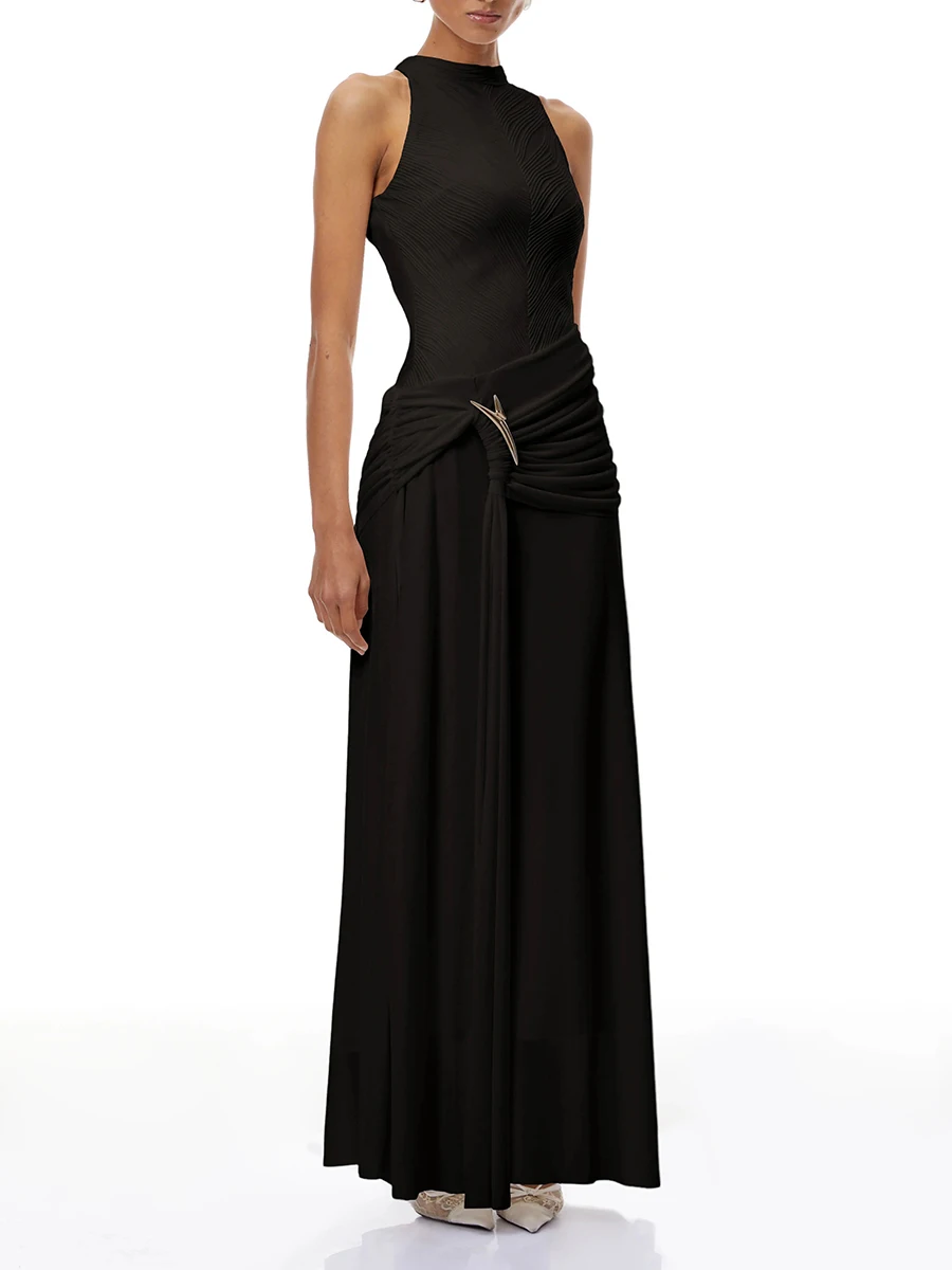 فستان VGH مثير بإبزيم معدني مرقع للنساء بياقة واقفة بدون أكمام وحفلات مسائية فساتين طويلة للسيدات