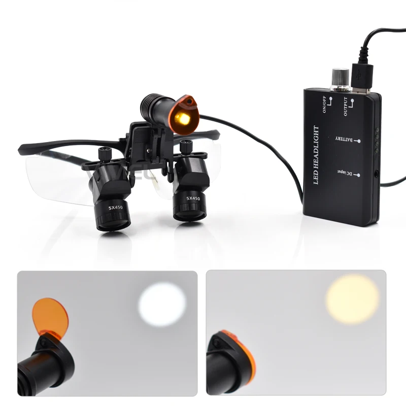 48 Degree Dental Magnifying Loupes 5X 450mm Surgical Loupes with Clip-on Warm/ White Light LED Headlight Battery Dental Loupes