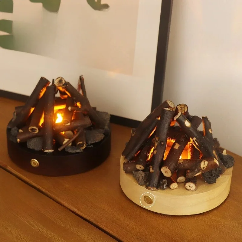 Handmade Wooden Bonfire LED Lamp Simulated Campfire Nightlight Warm Light Table Ornament for Home Bedroom Party Decoration