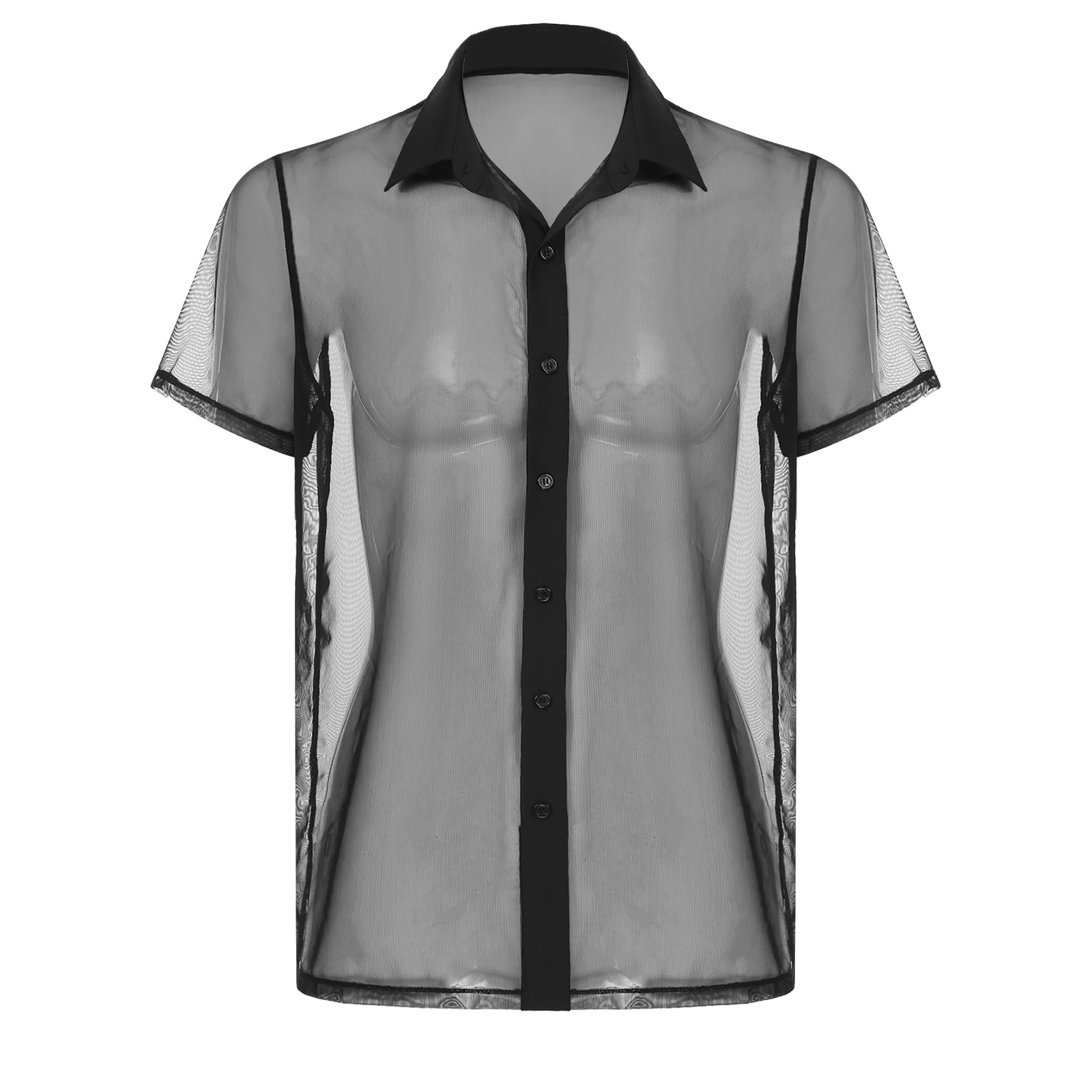 Mens Shirt Tops See Through Mesh Short Sleeve Shirt Rave Clothing Turn-Down Collar Button Sheer Tops Festival Party Clubwear