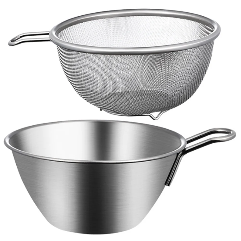 

Stainless Steel Egg with Handle Baking Whipped Cream Salad Basin Mixing Bowl Strainers Fine Mesh Colander Filter Sieve