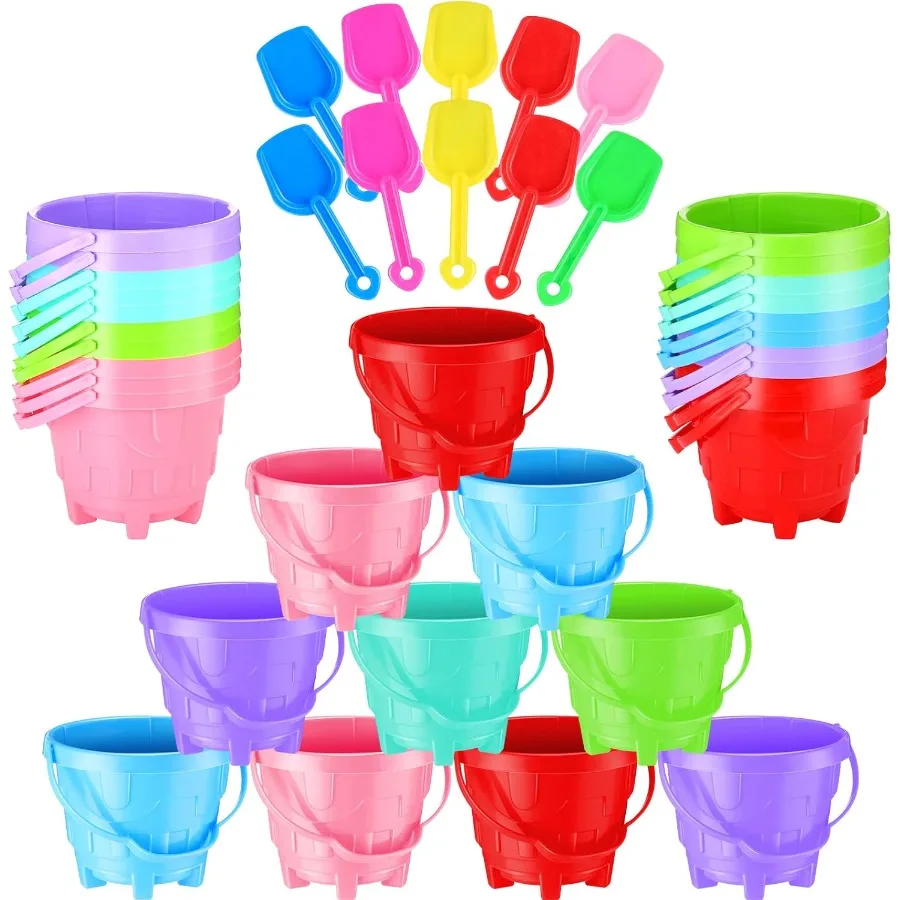 

15 Set Beach Sand Buckets and Shovels Include Sand Pail Bucket 6 Colors with Castle Design Inside and Shovels for Boys Girls Su